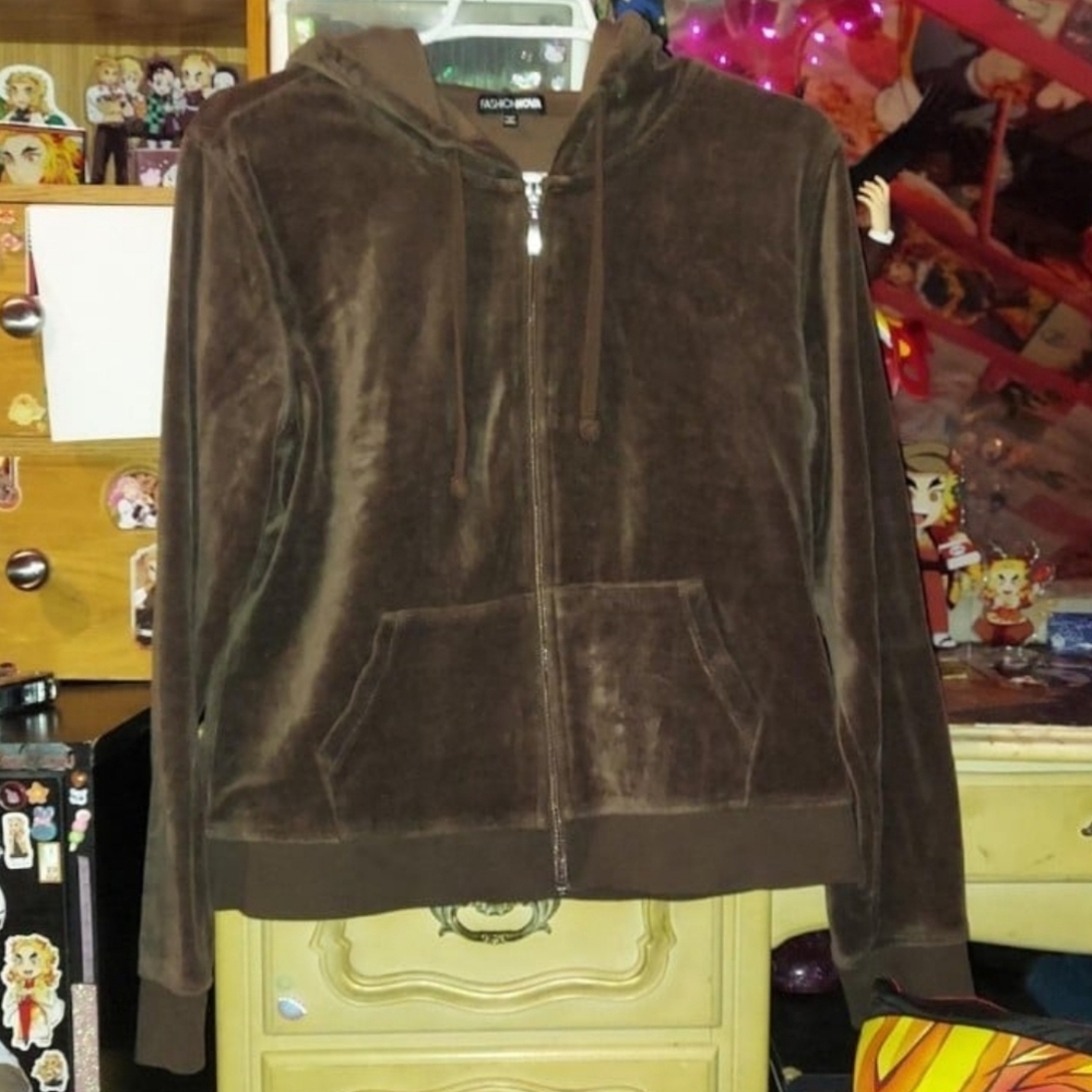 Fashion nova brown velvet zip up hoodie